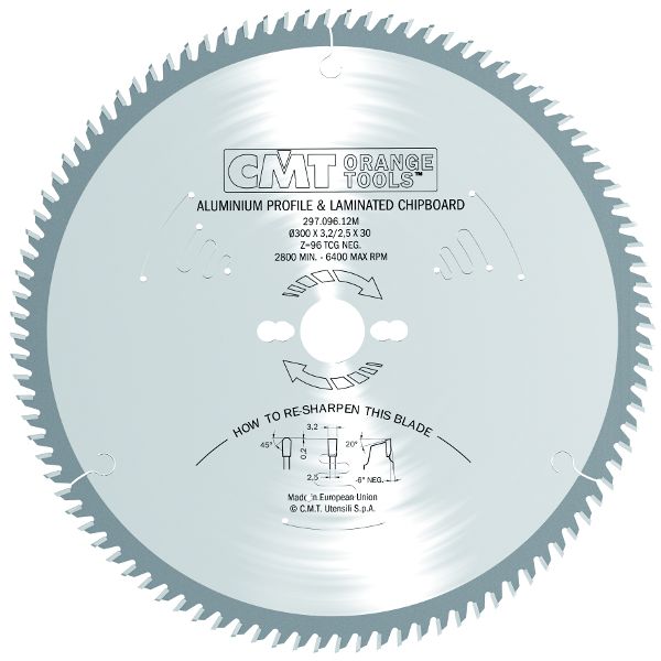 Sierra circular CMT para corte aluminio, PVC, laminados y materiales no ferrosos Ø315x3,2x30 Z96 TCG